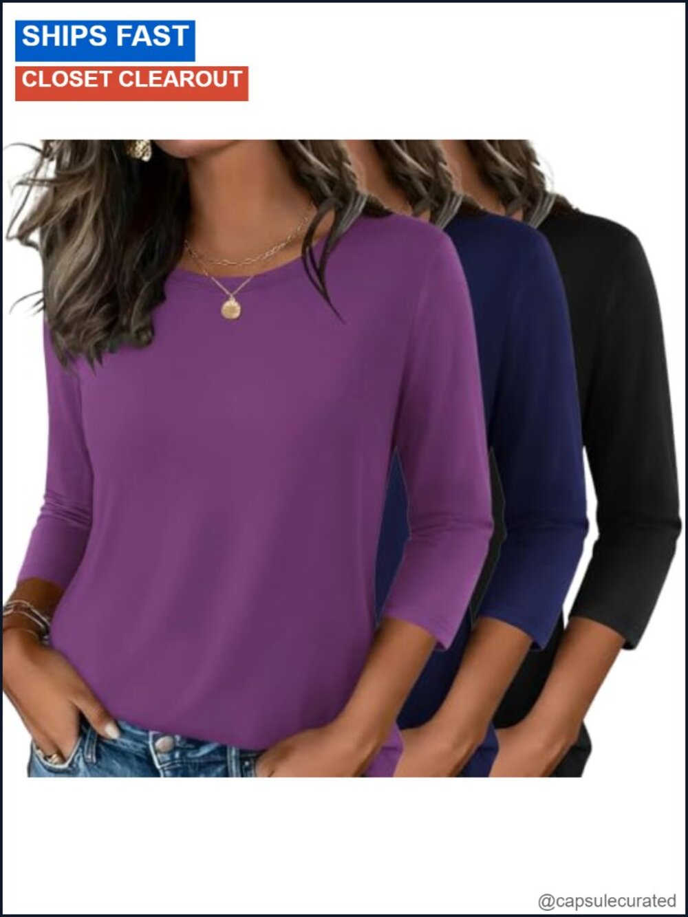 3 Pack 3/4 Sleeve Tees for Women Stretch Knit Crew Neck Blouse